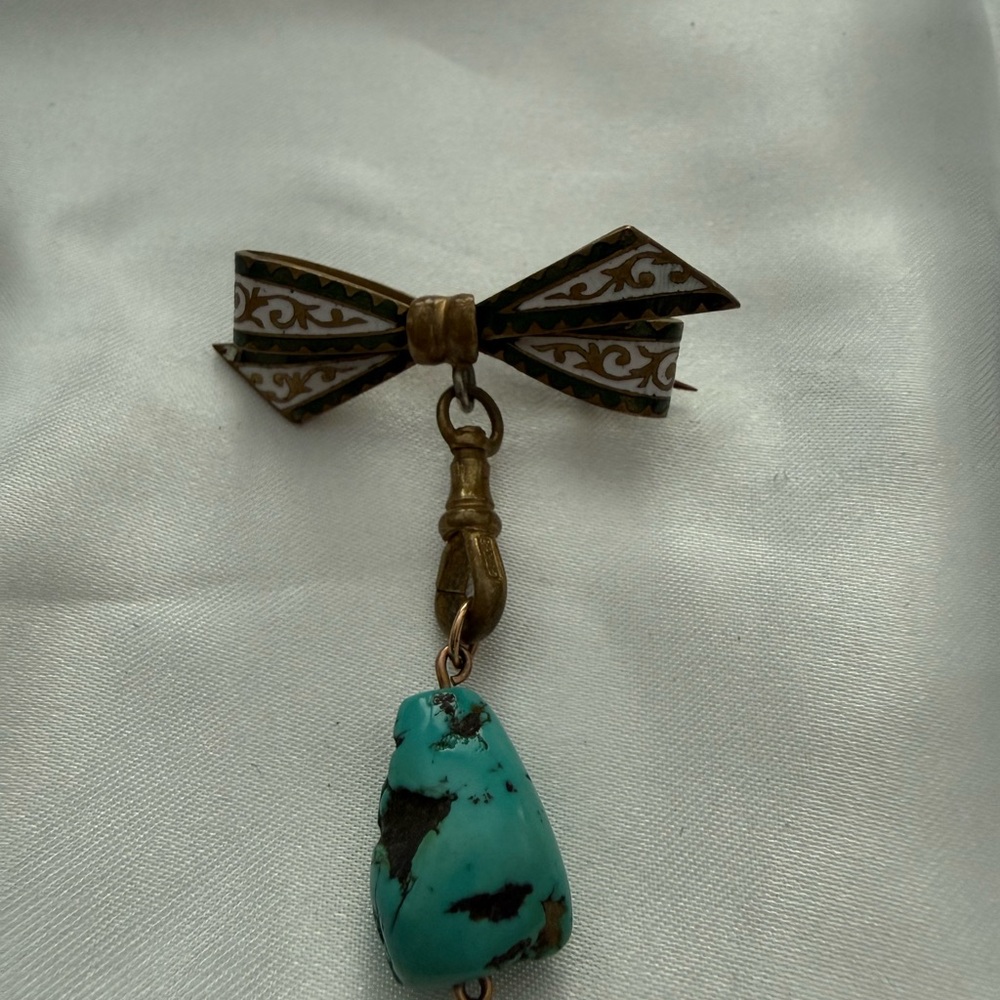 Vintage Bow shaped enameled design broochwith Turquoise Stone- appraisal in pic